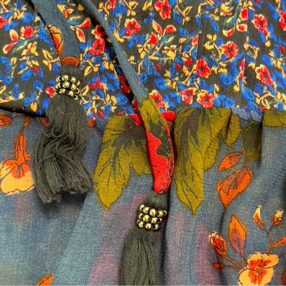 Daniel Rainn XXL Blue Floral Boho Peasant Blouse Sheer 3/4 Sleeve Tassel Tie - Picture 5 of 13